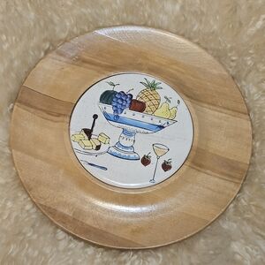 1970s Vintage Kitchen Wooden Cheese Charger Plate with Fruit Ceramic Inlay